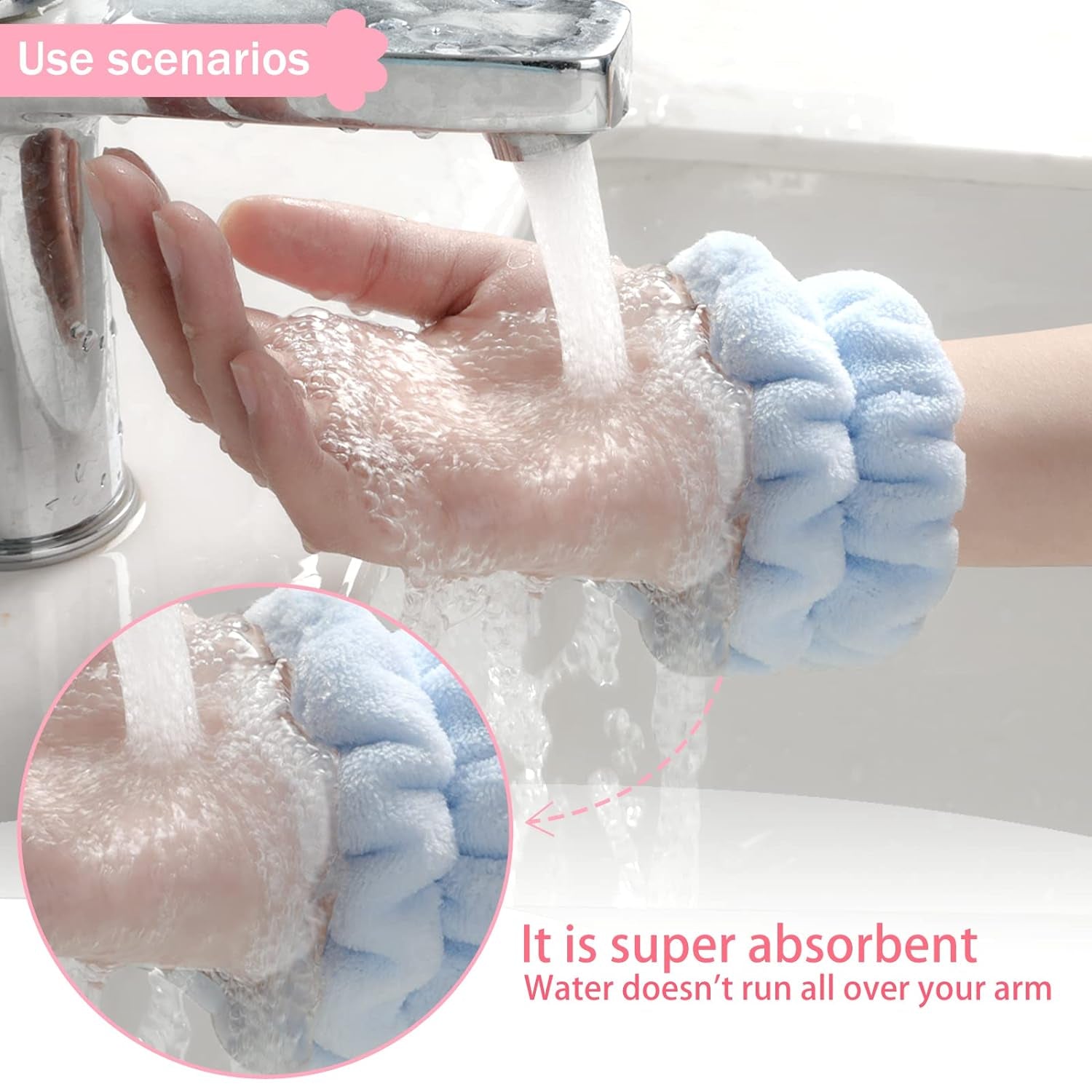 2Pcs Wrist Bands for Washing Face, Microfiber Face Washing Wristbands, Arm Wrist Towels, Spa Face Wash Wristbands, Stretchy Absorbent Wash Band for Woman Children